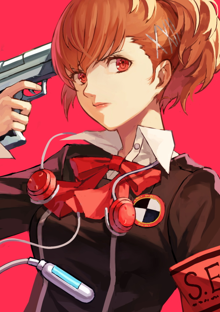 1girl blouse breasts brown_hair closed_eyes collared_shirt evoker fagi_(kakikaki) gun gun_to_head hair_ornament holding holding_gun holding_weapon looking_at_viewer medium_breasts persona persona_3 persona_3_portable red_background red_eyes ringed_eyes shiomi_kotone shirt simple_background solo upper_body weapon x_hair_ornament