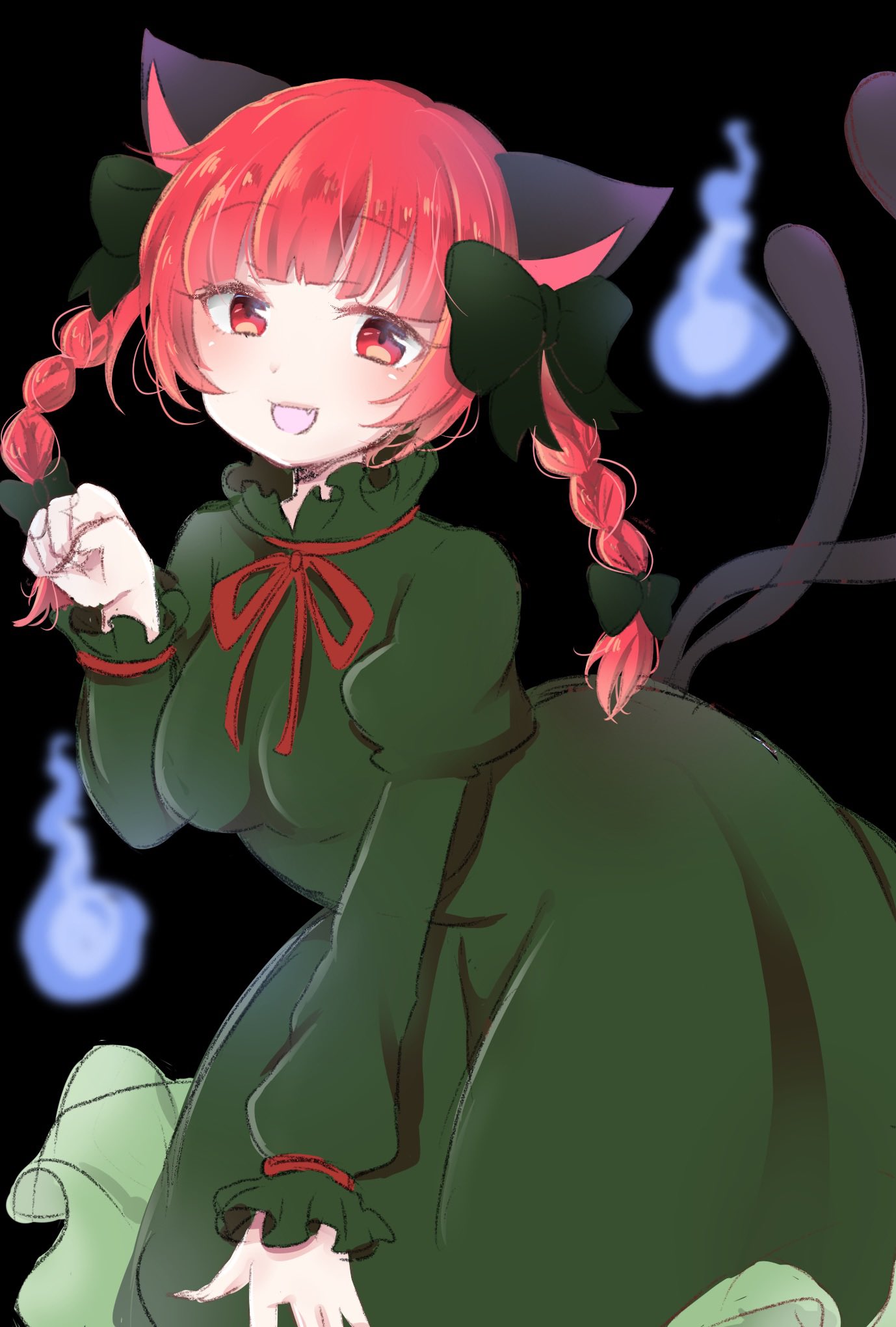1girl :d animal_ears bangs bent_over black_background blunt_bangs blush bow breasts cat_ears cat_tail cowboy_shot dress eyebrows_visible_through_hair fang green_dress hair_bow hair_ribbon hand_up highres hitodama juliet_sleeves kaenbyou_rin long_hair long_sleeves looking_at_viewer medium_breasts multiple_tails nekomata paw_pose ponta_(wwtaimeww) puffy_sleeves red_eyes red_neckwear red_ribbon redhead ribbon simple_background sleeves_past_wrists smile solo tail touhou tress_ribbon twintails two_tails