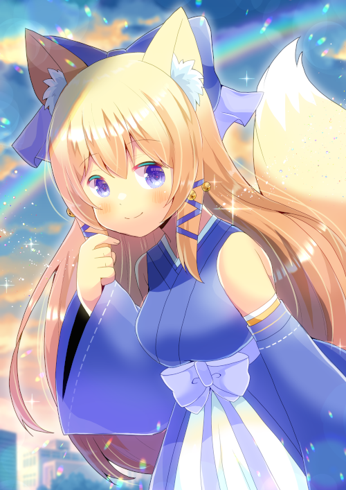 1girl animal_ear_fluff animal_ears bare_shoulders bell blonde_hair blue_bow blue_eyes blue_kimono blue_ribbon blue_sleeves blurry blurry_background blush bow breasts closed_mouth commentary_request commission copyright_request depth_of_field detached_sleeves fox_ears fox_girl fox_tail hair_bell hair_bow hair_ornament hair_ribbon hand_up japanese_clothes jingle_bell kimono kou_hiyoyo lens_flare long_hair long_sleeves looking_at_viewer medium_breasts purple_bow ribbon sidelocks skeb_commission sleeveless sleeveless_kimono smile solo tail very_long_hair wide_sleeves