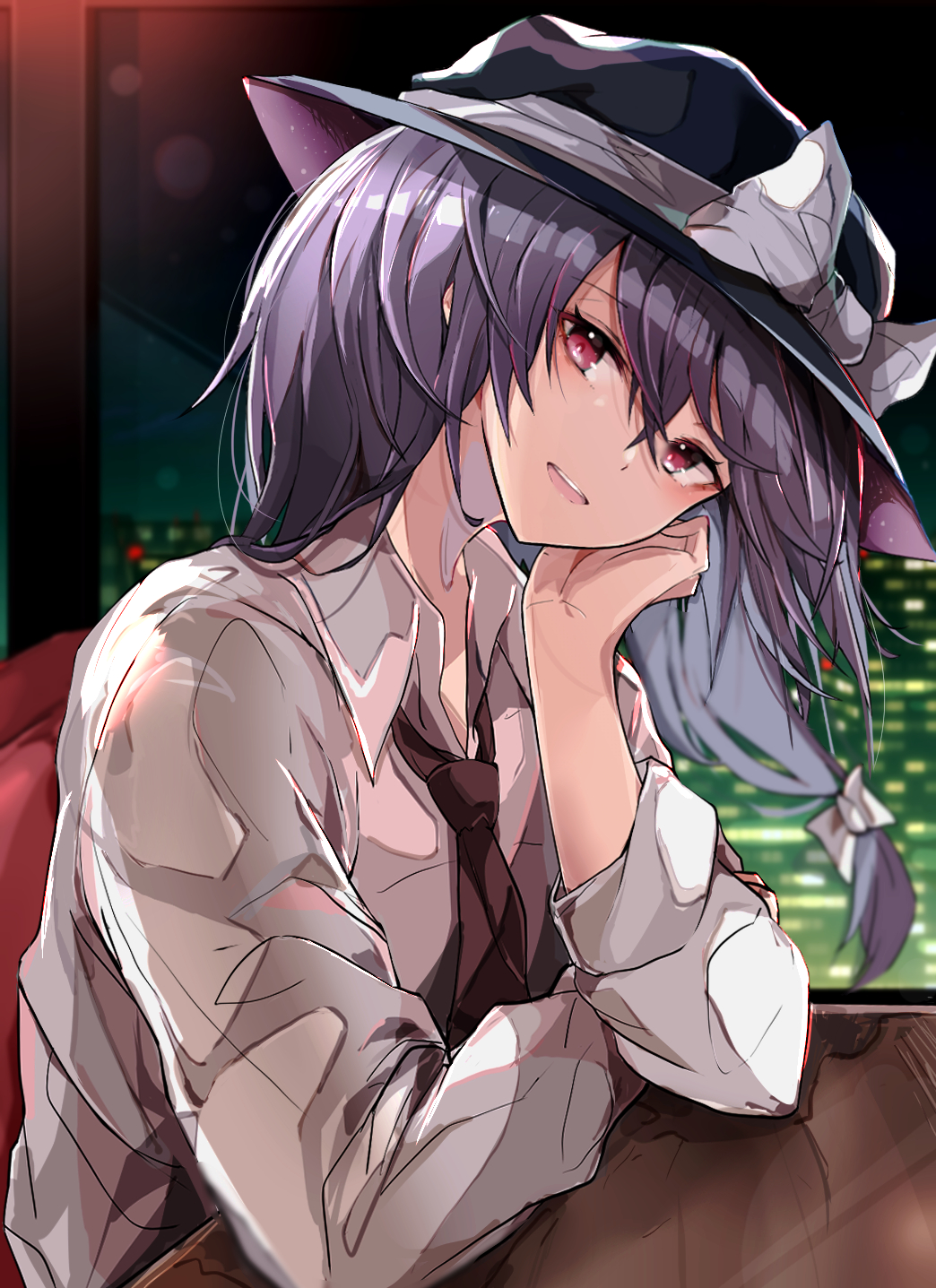 1girl black_headwear blurry blurry_background brown_necktie collared_shirt hat hat_ribbon head_rest head_tilt highres indoors krs_(kqrqsi) leaning_on_table long_sleeves looking_at_viewer medium_hair necktie open_mouth pink_eyes purple_hair ribbon shirt sitting solo table teeth touhou upper_body upper_teeth usami_renko white_ribbon white_shirt window