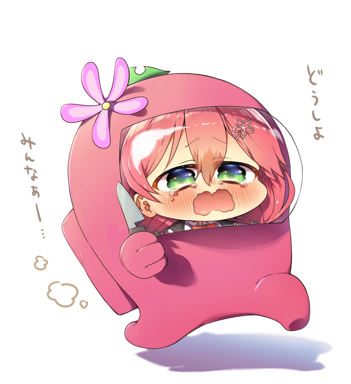 1girl among_us blush chibi crying crying_with_eyes_open flower green_eyes hair_between_eyes hair_ornament hairclip highres holding holding_knife hololive impostor_(among_us) knife open_mouth pink_(among_us) pink_hair sakura_miko shadow tears uryuuminene18 virtual_youtuber white_background