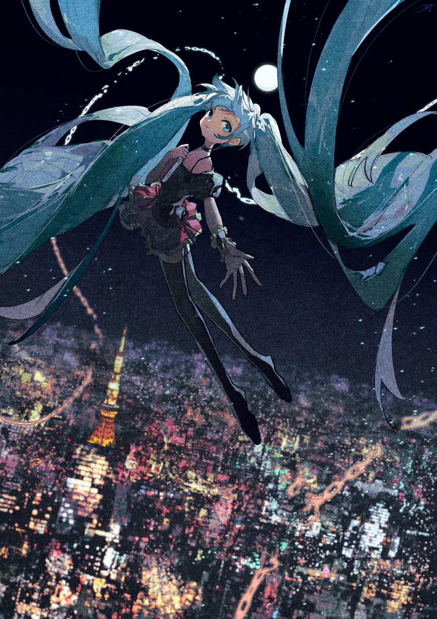 1girl aqua_eyes aqua_hair blurry blurry_background book city commentary_request flat_chest floating_hair frilled_skirt frills full_body full_moon hand_on_own_chest hatsune_miku highres holding holding_book long_hair looking_at_viewer moon night outdoors outstretched_arm potg_(piotegu) skirt smile solo spaghetti_strap twintails vocaloid water wrist_cuffs