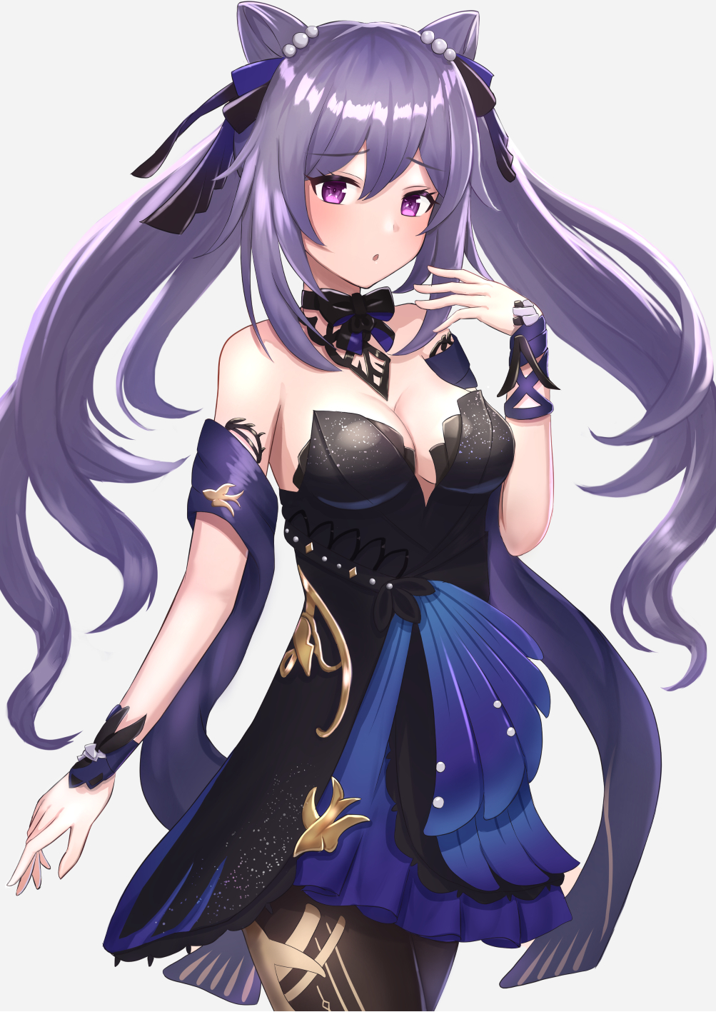 1girl bare_shoulders beads black_dress black_legwear black_ribbon blue_dress bow_choker bracer breasts commentary_request cowboy_shot double_bun dress eyebrows_visible_through_hair genshin_impact gold_trim hair_cones hair_ears hair_ribbon highres keqing_(genshin_impact) keqing_(opulent_splendor)_(genshin_impact) light_blush long_hair looking_at_viewer medium_breasts multicolored_clothes multicolored_dress official_alternate_costume official_alternate_hairstyle pantyhose parted_lips pearl_hair_ornament purple_hair ribbon simple_background solo sonsup124 two-tone_dress violet_eyes white_background