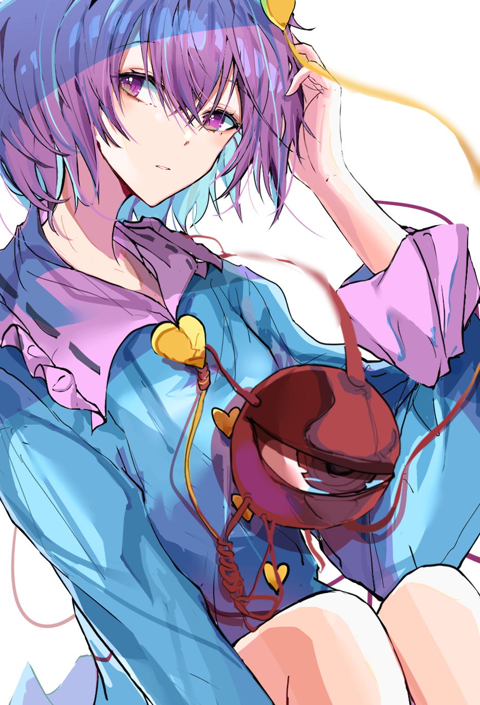 1girl blouse blue_blouse closed_mouth collared_blouse commentary eyebrows_visible_through_hair frilled_shirt_collar frills hair_between_eyes hand_in_hair heart highres komeiji_satori krs_(kqrqsi) long_sleeves looking_at_viewer purple_hair short_hair simple_background solo third_eye touhou violet_eyes white_background