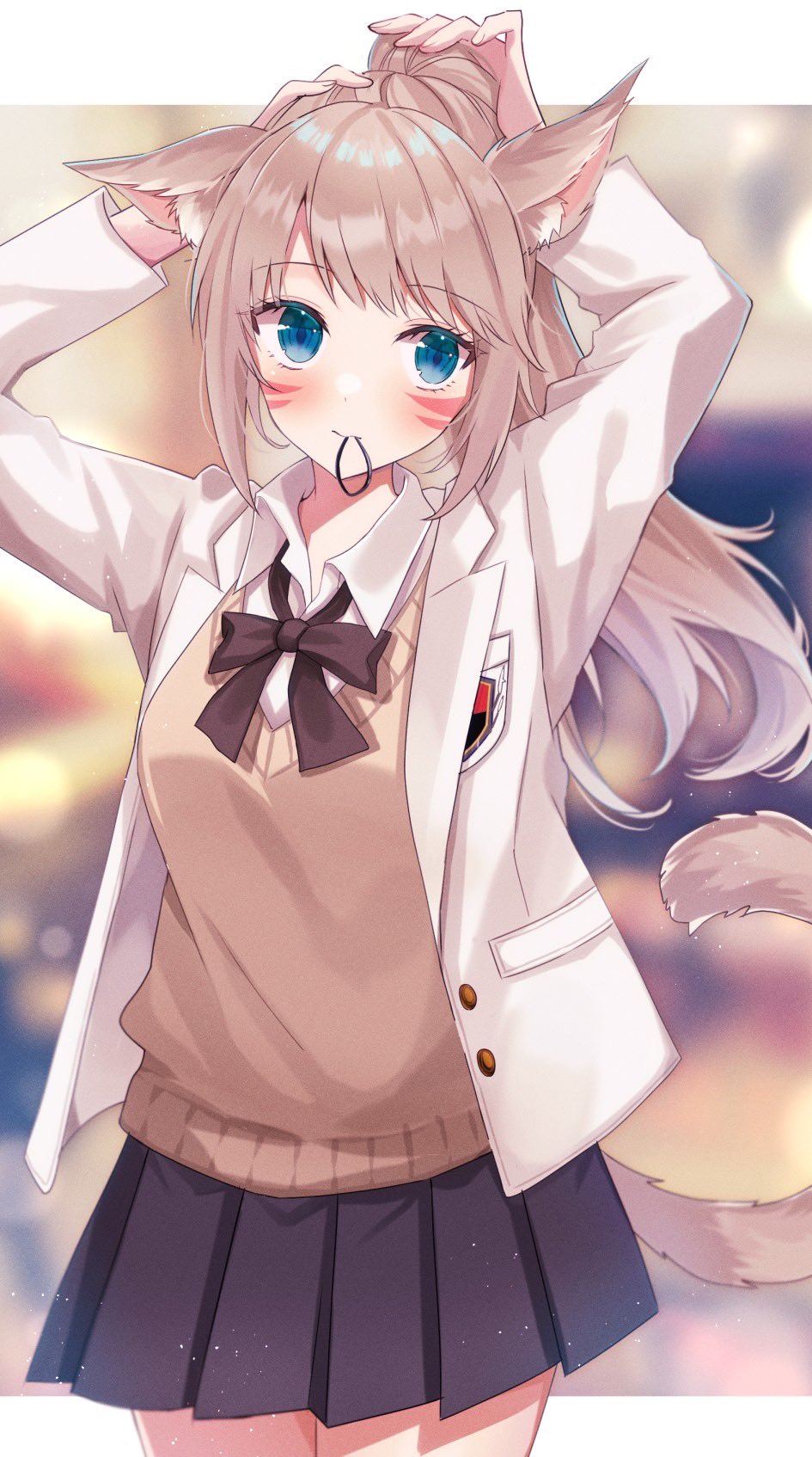 1girl animal_ears avatar_(ff14) black_skirt blue_eyes brown_hair cat_ears cat_girl cat_tail commentary_request commission facial_mark final_fantasy final_fantasy_xiv hair_tie_in_mouth highres jacket long_hair miqo'te mouth_hold pleated_skirt ponytail school_uniform skeb_commission skirt smile solo su2525 sweater_vest tail whisker_markings white_jacket