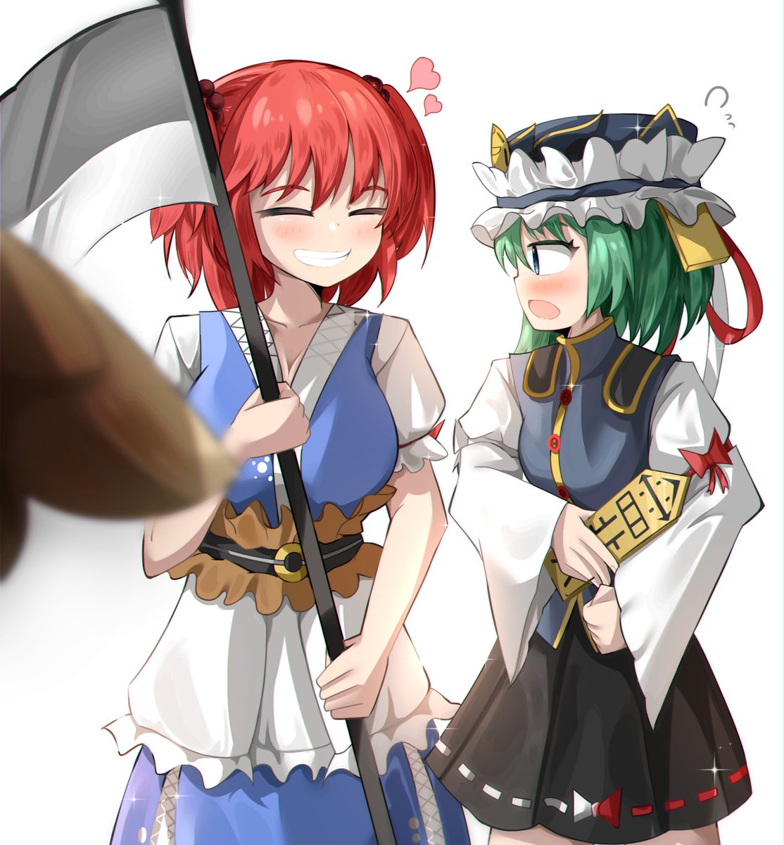 3girls blurry blush closed_eyes cowboy_shot depth_of_field flying_sweatdrops glint gold_trim green_hair grin hair_bobbles hair_ornament heart highres holding holding_scythe looking_at_another multiple_girls niwatari_kutaka onozuka_komachi open_mouth profile redhead rod_of_remorse scythe shiki_eiki simple_background skirt smile spam_(spamham4506) sparkle touhou two_side_up white_background