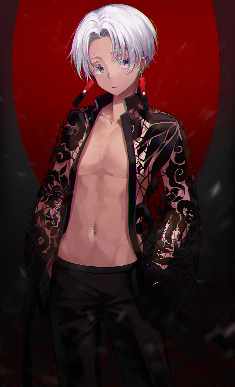 1boy bangs black_pants chromatic_aberration collarbone commentary_request cowgirl_position dark earrings hands_in_pockets highres jacket jewelry kurokawa_izana looking_at_viewer m1yu male_focus navel navel_piercing open_clothes open_jacket pants parted_bangs piercing short_hair solo standing straddling symbol-shaped_pupils tokyo_revengers violet_eyes white_hair