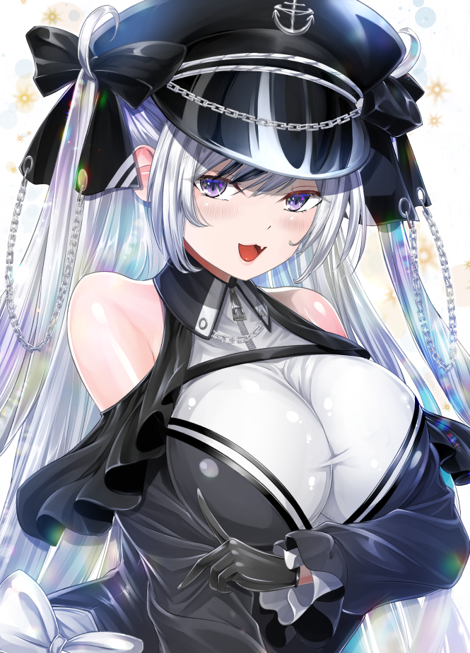 1girl azur_lane black_corset black_headwear black_ribbon breasts chain clothing_cutout corset cross dress elbe_(azur_lane) eyebrows_visible_through_hair fang frilled_dress frills hair_between_eyes hair_ribbon hat iron_cross large_breasts layered_dress leotard long_hair looking_at_viewer multicolored_hair peaked_cap red_armband ribbon shoulder_cutout silver_hair skin_fang solo streaked_hair twintails underboob_cutout white_leotard y2