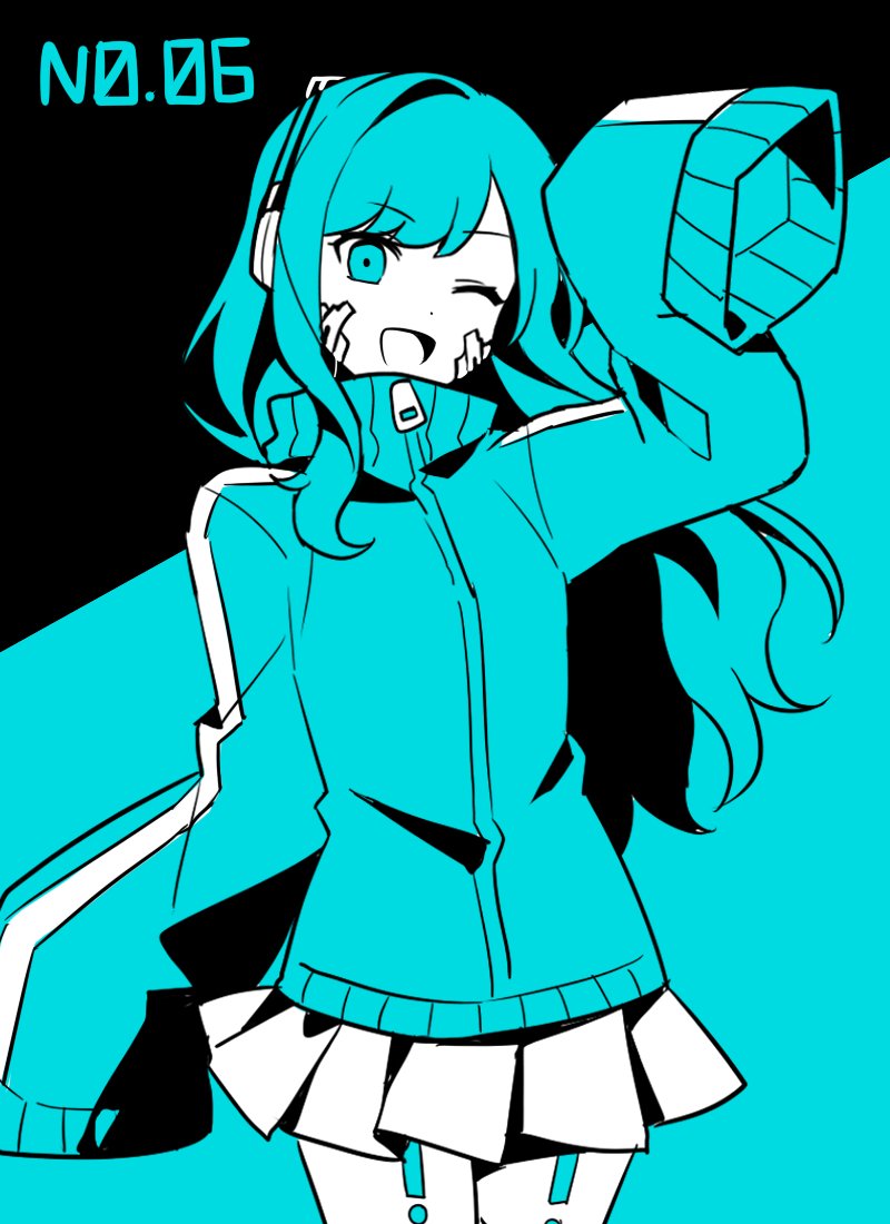 1girl :d bangs blue_background blue_eyes blue_hair blue_jacket blue_theme commentary cosplay cowboy_shot ene_(kagerou_project) ene_(kagerou_project)_(cosplay) facial_mark flat_color jacket kagerou_project long_hair looking_at_viewer numbered one_eye_closed project_sekai shiraishi_an skirt sleeves_past_fingers sleeves_past_wrists smile solo waka_(wk4444) white_skirt zipper_pull_tab