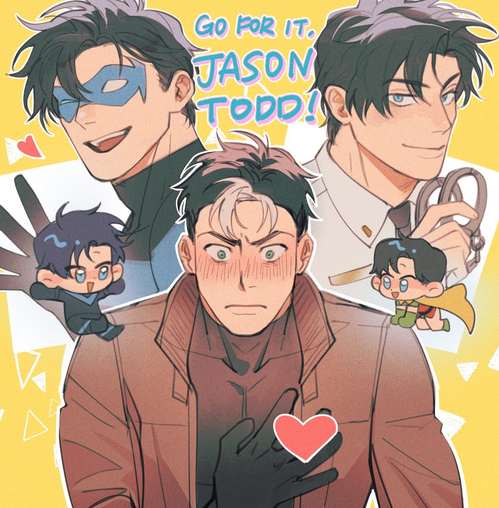 &gt;_o 2boys batman_(series) black_bodysuit black_gloves black_hair black_shirt blue_bodysuit blue_eyes blush bodysuit brothers brown_jacket chengzhineixihuanxiaogou chibi closed_mouth cover cover_page cuffs dc_comics dick_grayson domino_mask ganbare!_nakamura-kun!! gloves hand_on_own_chest handcuffs heart holding holding_handcuffs jacket jason_todd male_focus mask multicolored_hair multiple_boys necktie nightwing one_eye_closed open_clothes open_jacket open_mouth red_hood_(dc) shirt short_hair siblings smile superhero two-tone_bodysuit two-tone_hair white_hair white_shirt