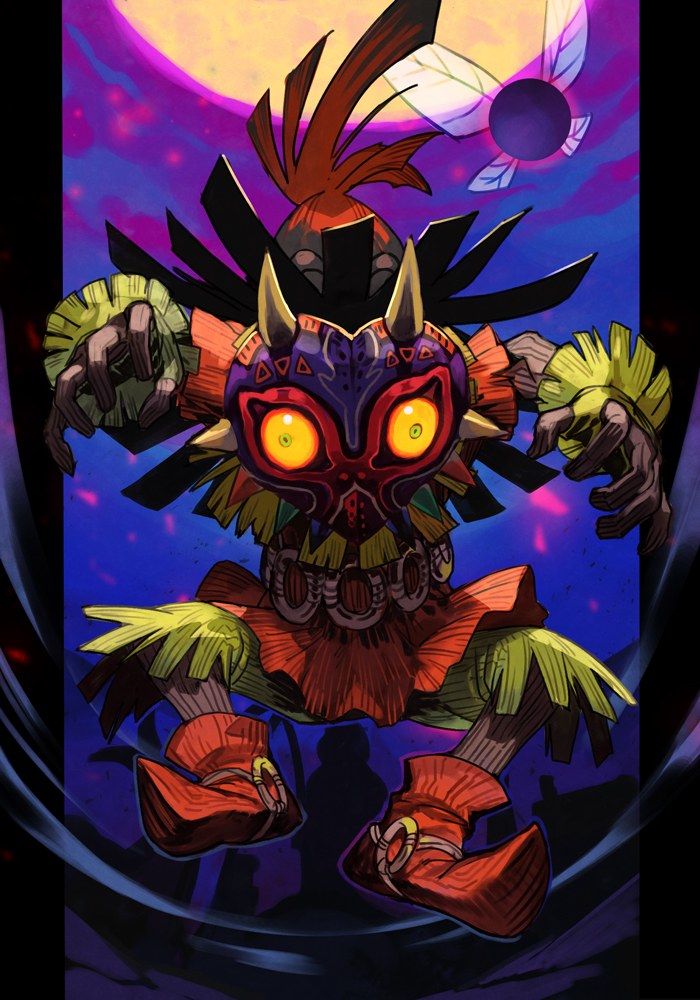 1boy boots fairy_wings full_body full_moon gloves hands_up hankuri looking_at_viewer male_focus mask moon purple_background red_footwear red_shirt shirt skull_kid solo tael the_legend_of_zelda the_legend_of_zelda:_majora's_mask wings