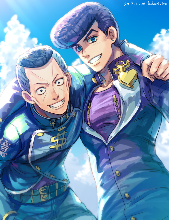 2boys anchor arm_around_shoulder diamond_wa_kudakenai dollar_sign dyresbroom gakuran heart higashikata_josuke jojo_no_kimyou_na_bouken male_focus multiple_boys nijimura_okuyasu peace_symbol pompadour school_uniform sky yen_sign