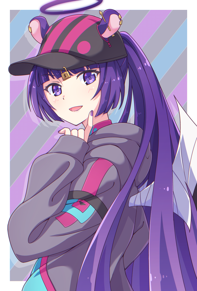 1girl bangs baseball_cap black_headwear character_request diagonal_stripes e20 ear_piercing ears_through_headwear eyebrows_visible_through_hair from_side grey_hoodie halo hat highres hood hood_down hoodie keyhole lock long_hair long_sleeves looking_at_viewer looking_to_the_side padlock piercing ponytail puffy_long_sleeves puffy_sleeves purple_hair show_by_rock!! sleeves_past_wrists solo striped striped_background upper_body very_long_hair violet_eyes wings