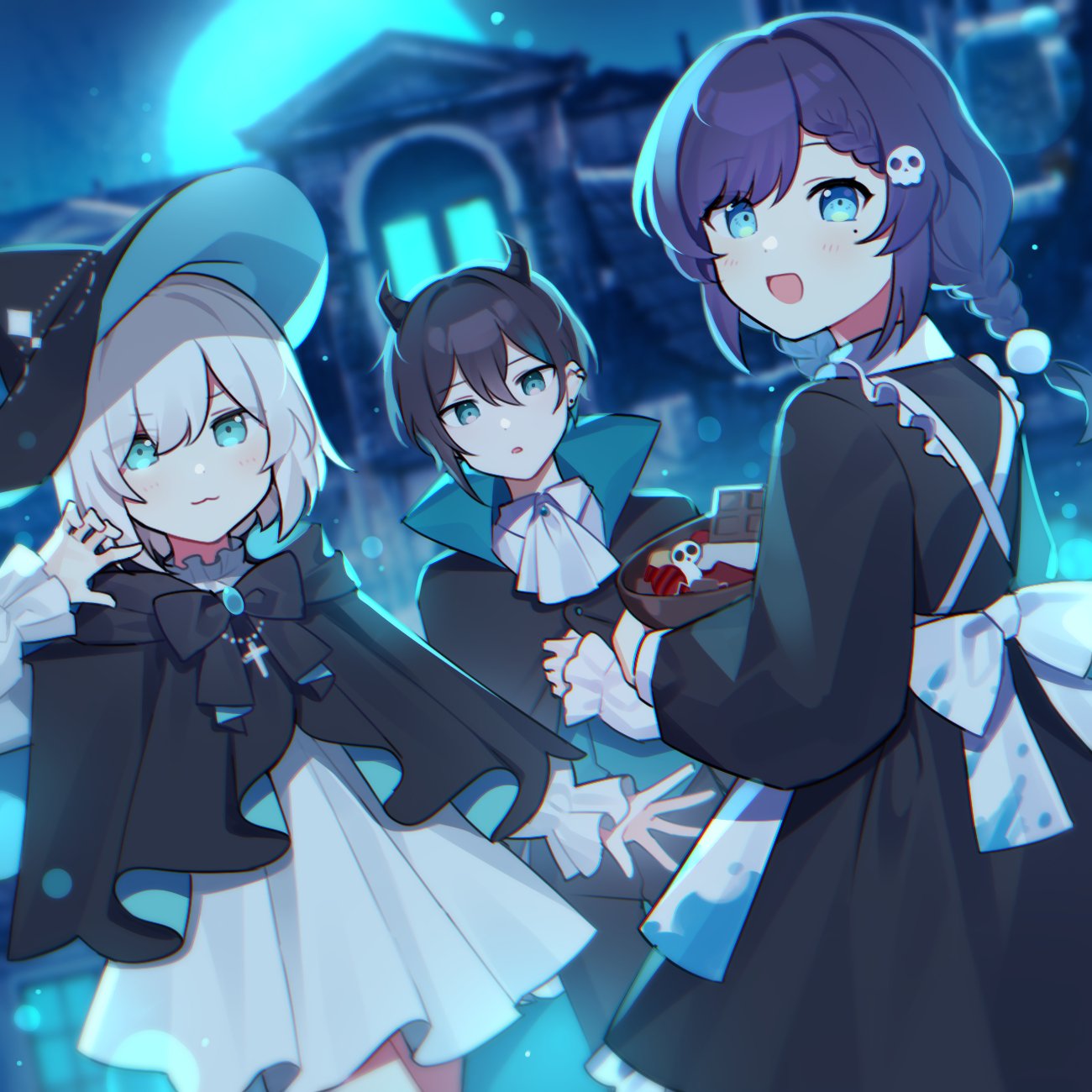 aiba_uiha ars_almal black_hair blue_eyes braid braided_bangs cape capelet commentary_request dress halloween hat highres horns long_hair maid maid_headdress mayuzumi_kai mole mole_under_eye nijisanji purple_hair short_hair smile twin_braids vampire_costume virtual_youtuber waka_(wk4444) white_dress witch_hat