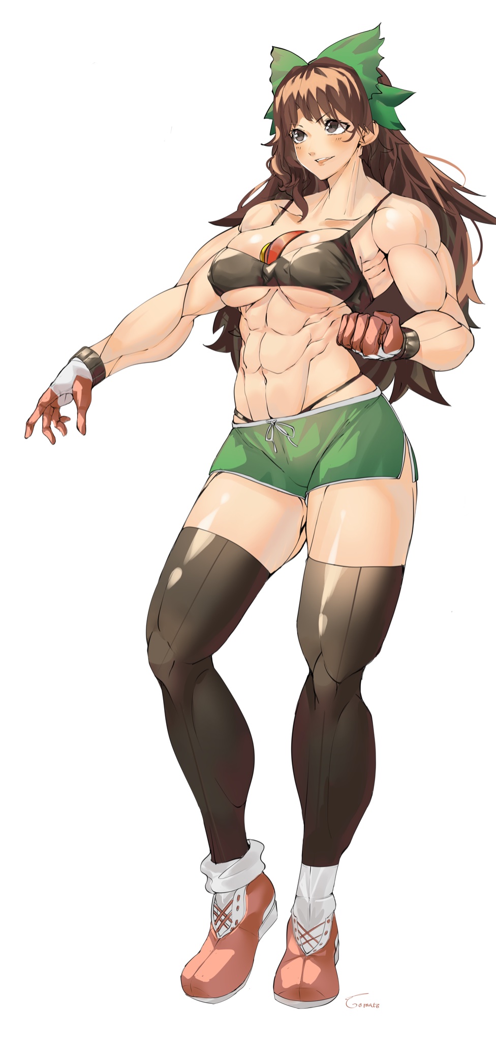 1girl bare_shoulders black_bra black_legwear bow bra brown_eyes brown_hair clenched_hand collarbone eyebrows_visible_through_hair full_body gloves green_bow green_shorts hair_bow highres long_hair muscular muscular_female open_mouth red_footwear reiuji_utsuho shoes shorts signature simple_background solo standing teeth thigh-highs third_eye tomatolover16 touhou underwear upper_teeth v-shaped_eyebrows white_background