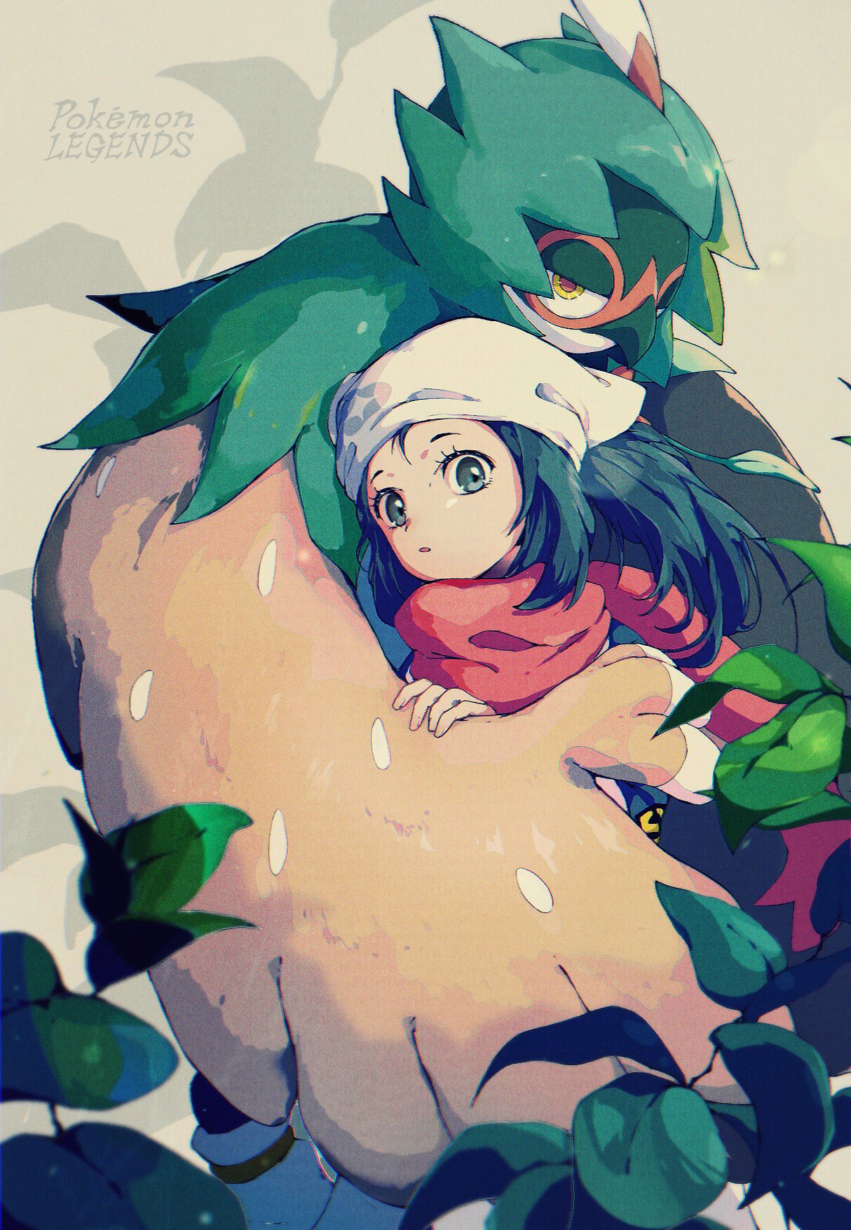 1girl akari_(pokemon) bangs black_hair blurry copyright_name decidueye eyelashes grey_eyes grey_jacket head_scarf highres hug jacket leaf long_hair ntakehisa pokemon pokemon_(creature) pokemon_(game) pokemon_legends:_arceus red_scarf scarf sidelocks white_headwear