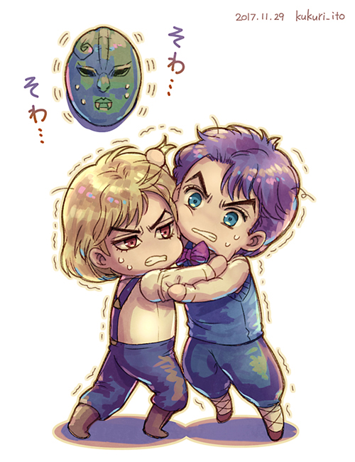 2boys argyle argyle_legwear birthmark black_hair blonde_hair blue_eyes chibi dio_brando dyresbroom fighting grabbing_another's_hair jojo_no_kimyou_na_bouken jonathan_joestar male_focus multiple_boys phantom_blood purple_hair red_eyes stone_mask_(jojo) suspenders sweater_vest trembling