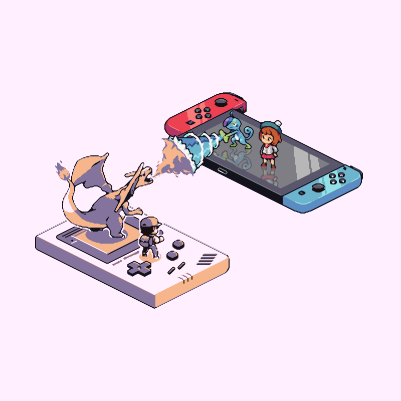 1boy 1girl backpack bag brown_footwear brown_hair charizard drizzile fire game_boy gloria_(pokemon) handheld_game_console hat kam2d nintendo_switch pokemon pokemon_(creature) red_(pokemon) reflection simple_background skirt water white_background