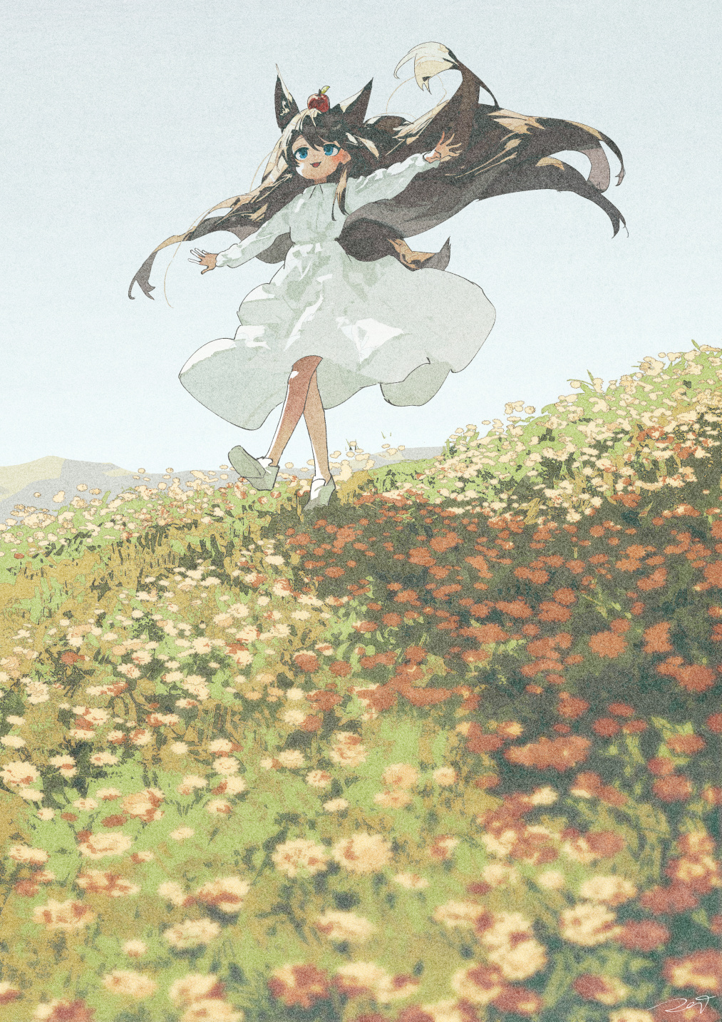 1girl :d animal_ears apple_on_head bangs bare_legs blue_eyes blush brown_hair commentary day dress film_grain flower full_body grass hair_between_eyes highres horizon long_hair open_mouth original outdoors outstretched_arms potg_(piotegu) smile solo standing sunlight white_dress