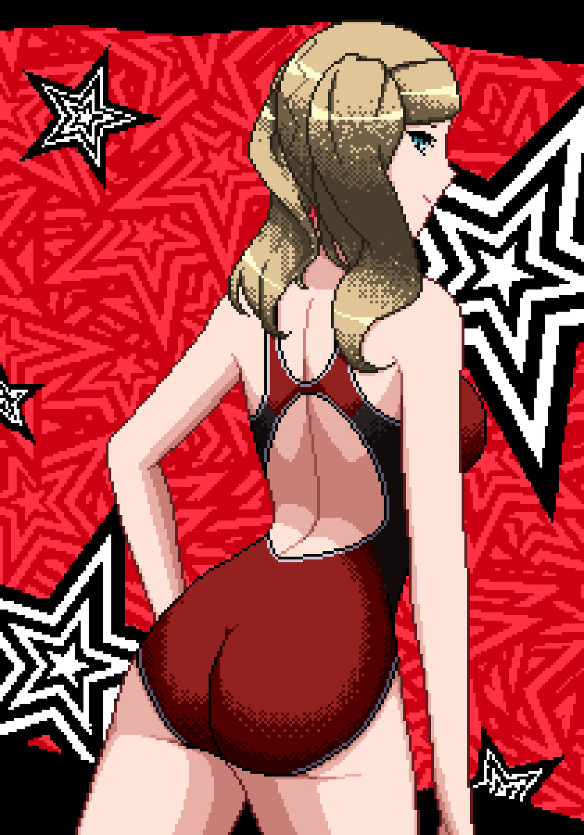 1girl ass bloodylimpidity blue_eyes blush highres one-piece_swimsuit persona persona_5 pixel_art swimsuit takamaki_anne twintails