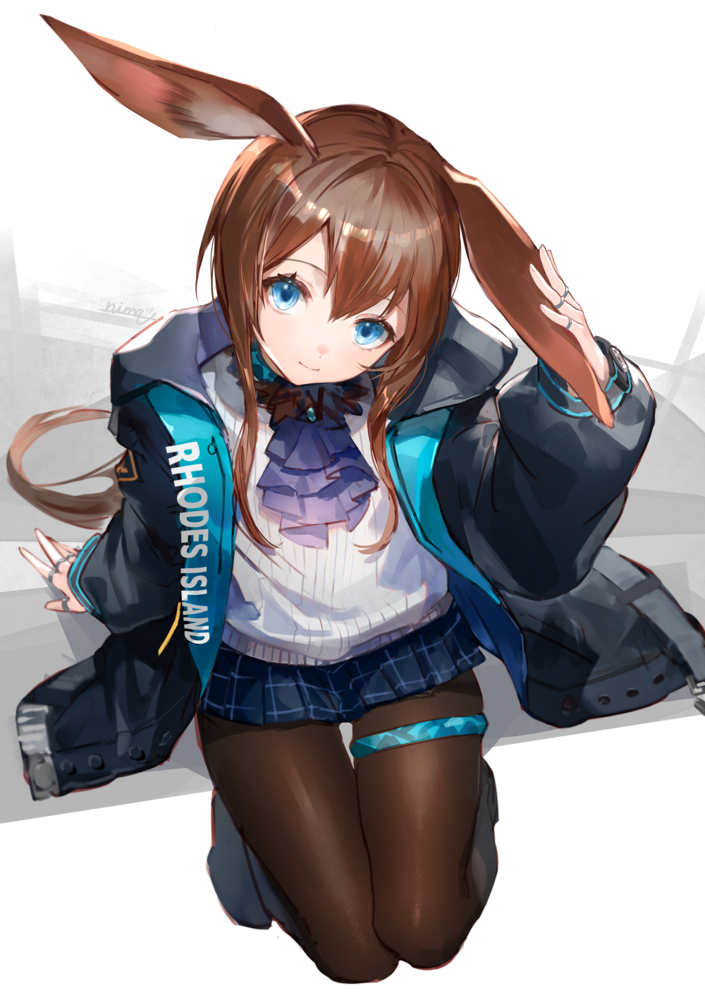 1girl amiya_(arknights) animal_ears arknights ascot bangs black_coat blue_eyes blue_skirt brown_hair brown_legwear closed_mouth coat eyebrows_visible_through_hair from_above full_body hand_on_ear highres hood hood_down hooded_coat jewelry long_hair long_sleeves looking_at_viewer looking_up miniskirt multiple_rings nima_(niru54) open_clothes open_coat pantyhose plaid plaid_skirt pleated_skirt purple_ascot rabbit_ears ring shirt signature sitting skirt smile solo thigh_gap thighlet very_long_hair white_shirt