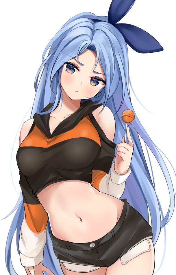 1girl bare_shoulders black_shirt black_shorts blue_eyes blue_hair borrowed_character breasts candy clothing_cutout collarbone cowboy_shot crop_top exposed_pocket food frown hair_ribbon head_tilt holding lollipop long_hair looking_at_viewer medium_breasts micro_shorts midriff minah_(chaesu) navel original revealing_clothes ribbon ry_thae shirt short_shorts shorts shoulder_cutout simple_background solo standing stomach very_long_hair white_background