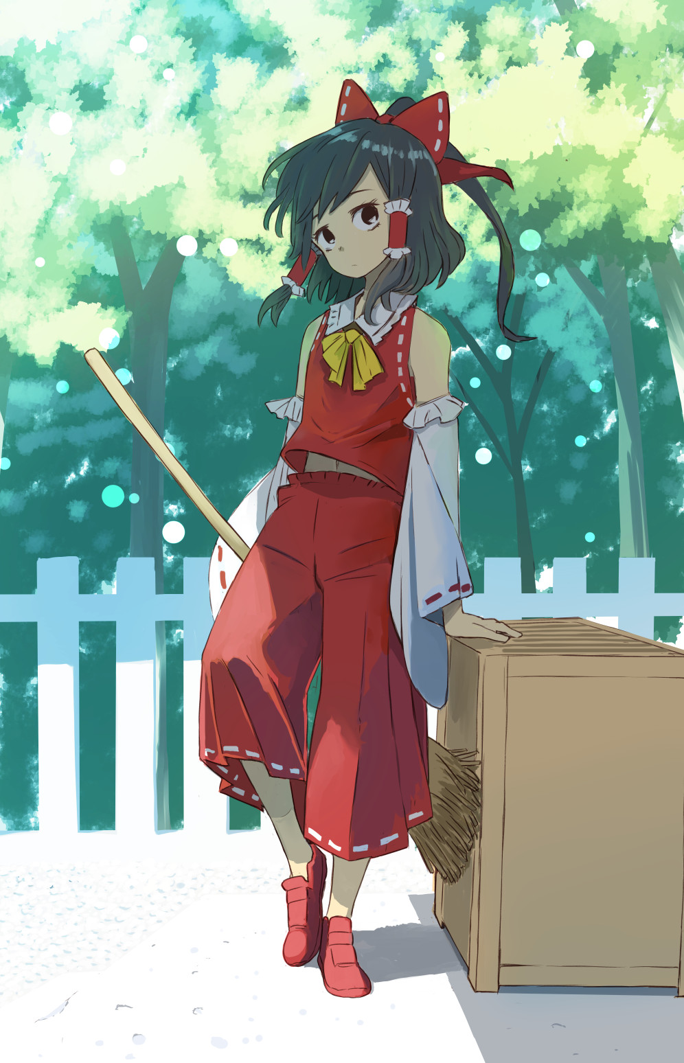 1boy adapted_costume ascot black_hair bow box broom brown_eyes collar commentary_request detached_sleeves donation_box fence frilled_hair_tubes frills genderswap genderswap_(ftm) hair_bow hair_tubes hakurei_reimu highres holding holding_broom navel pants red_bow red_footwear red_pants red_shirt ribbon-trimmed_sleeves ribbon_trim shirt shoes sidelocks tanaka_nunu touhou tree white_collar wide_sleeves yellow_ascot