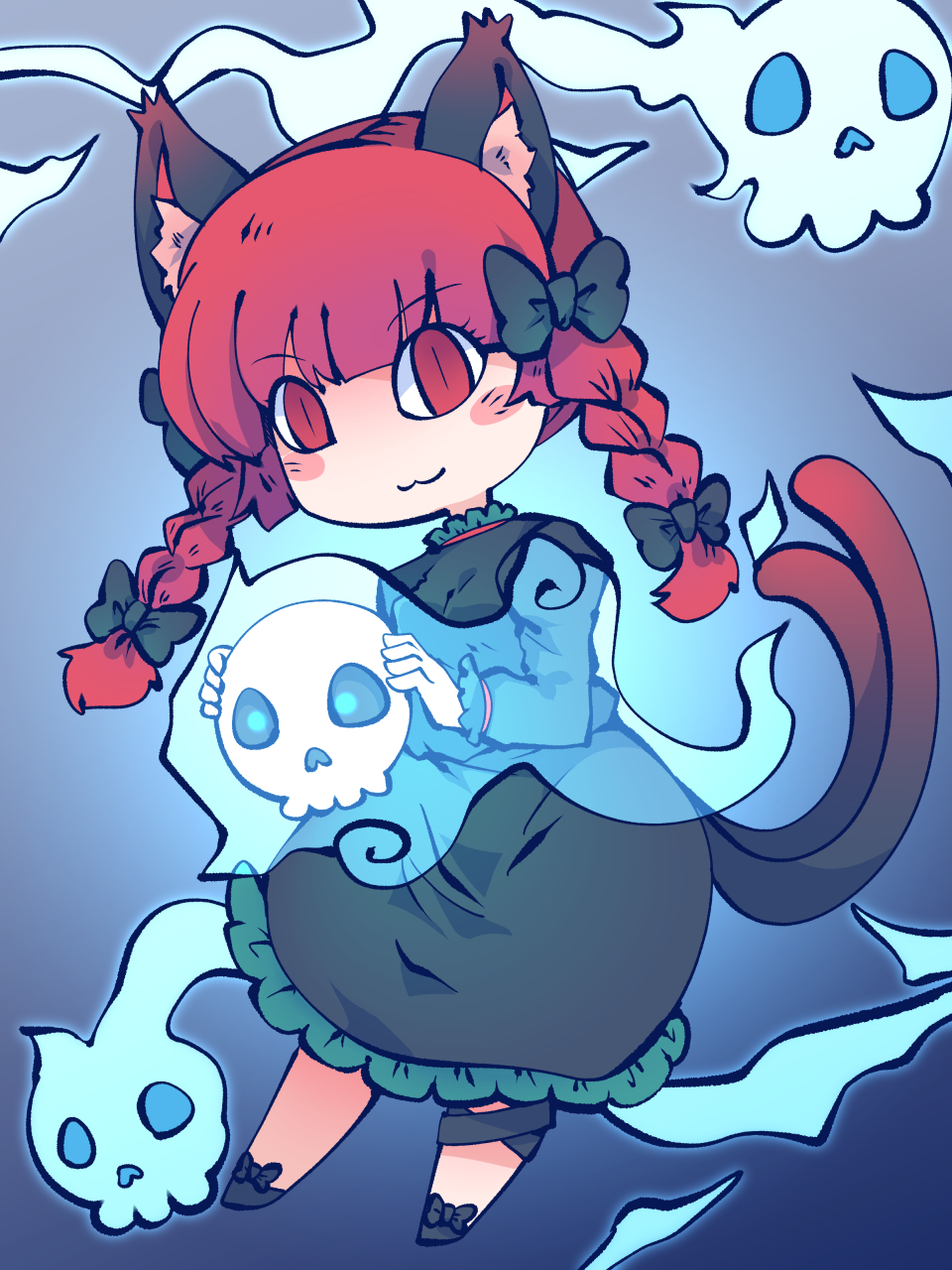 :3 animal_ear_fluff animal_ears black_bow blue_background blue_fire blush bow braid cat_ears cat_tail dress facial_mark fire flaming_skull floating_skull footwear_bow fried_rice0614 ghost green_dress highres hitodama holding holding_skull juliet_sleeves kaenbyou_rin leg_ribbon long_sleeves multiple_tails one-hour_drawing_challenge puffy_sleeves red_eyes redhead ribbon skull slit_pupils tail touhou twin_braids two_tails whisker_markings whiskers