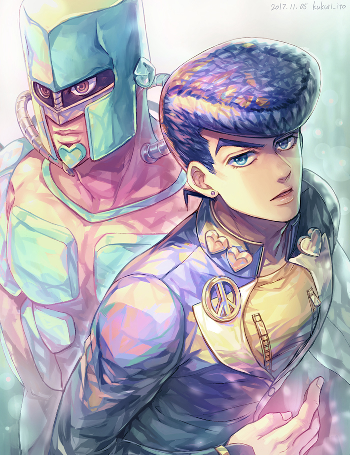 2boys black_hair blue_eyes crazy_diamond diamond_wa_kudakenai dyresbroom gakuran heart higashikata_josuke jojo_no_kimyou_na_bouken male_focus multiple_boys peace_symbol pink_eyes pompadour purple_hair school_uniform stand_(jojo) v zipper