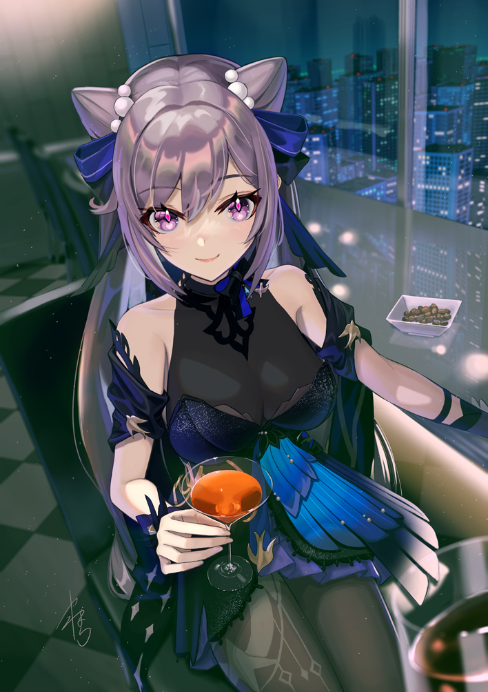 1girl bare_shoulders black_bow black_dress black_legwear blue_ribbon bow bowtie breasts cup diamond-shaped_pupils diamond_(shape) dress eyebrows_visible_through_hair food genshin_impact hair_cones hair_ornament holding holding_cup keqing_(genshin_impact) keqing_(opulent_splendor)_(genshin_impact) lipstick looking_at_viewer makeup medium_breasts night night_sky official_alternate_costume pantyhose pov purple_hair ribbon signature sitting sky smile symbol-shaped_pupils town twintails violet_eyes wrist_ribbon yamahara