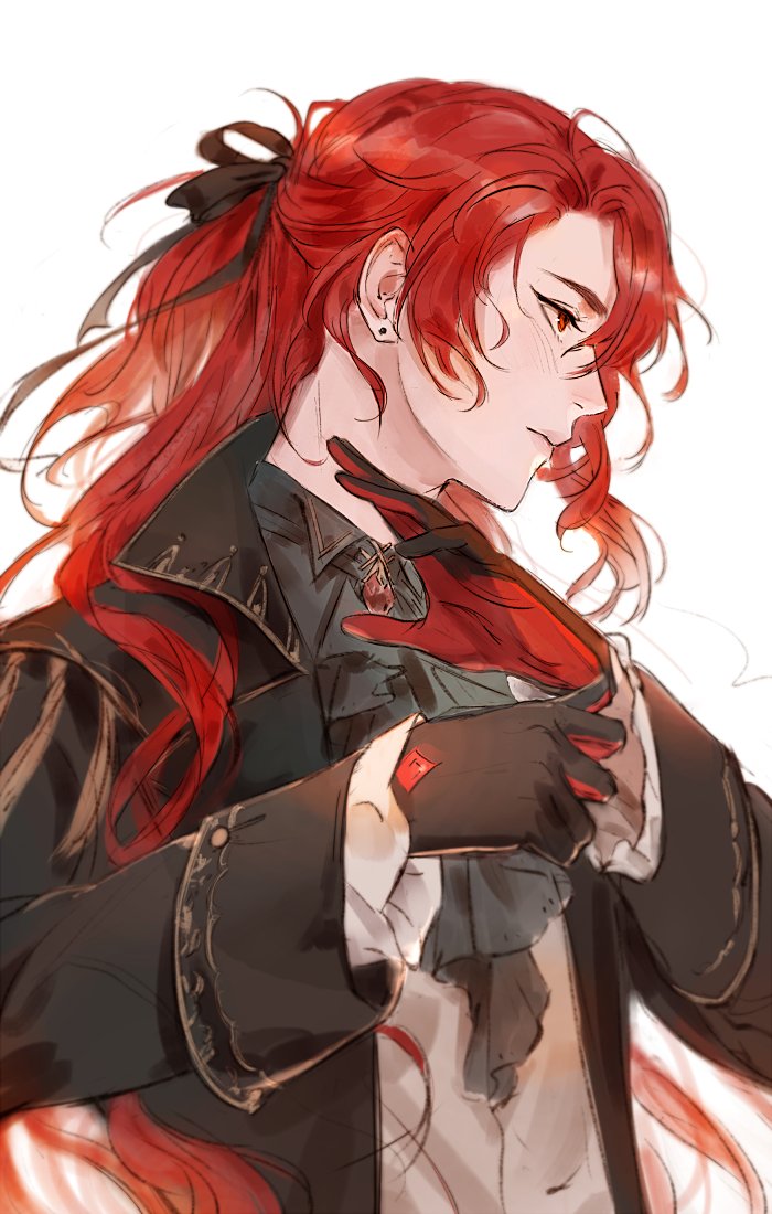 1boy alternate_hairstyle black_gloves black_jacket diluc_(genshin_impact) earrings genshin_impact gloves jacket jewelry kkcoocool red_eyes redhead white_background