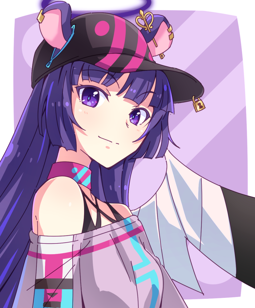 1girl animal_ears bangs bare_shoulders baseball_cap black_headwear character_request closed_mouth e20 ear_piercing ears_through_headwear eyebrows_visible_through_hair grey_shirt halo hat long_hair looking_at_viewer off-shoulder_shirt off_shoulder piercing purple_hair shirt show_by_rock!! smile solo upper_body violet_eyes wings