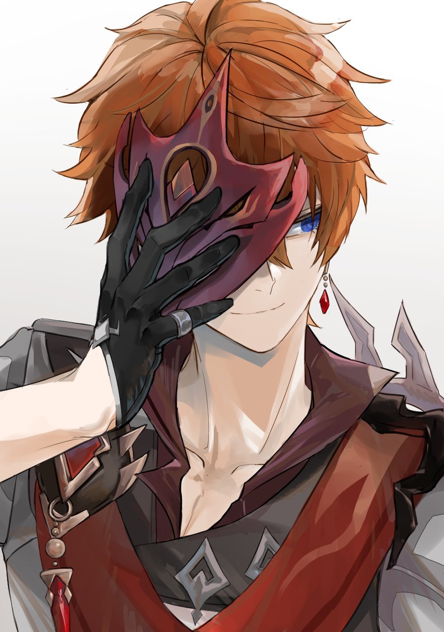 1boy black_gloves blue_eyes closed_mouth commentary_request earrings genshin_impact gloves highres jewelry looking_to_the_side male_focus mask_pull penyo1989 redhead simple_background solo tartaglia_(genshin_impact) white_background