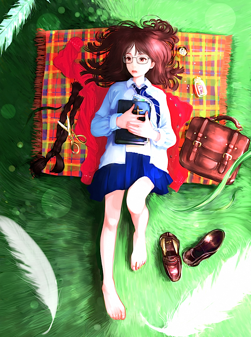 1girl bag barefoot book braid brown_hair commentary_request cross cutting_hair feathers feet full_body glasses loafers lying natsui_tuna necktie on_back original red_eyes revision school_bag school_briefcase school_uniform severed_hair shoes shoes_removed short_hair skirt solo toes