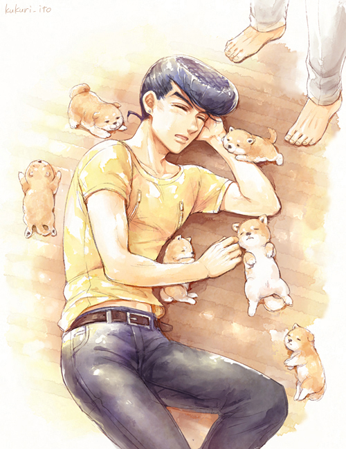 1boy barefoot diamond_wa_kudakenai dog dyresbroom higashikata_josuke jojo_no_kimyou_na_bouken lying no_jacket on_side pompadour puppy shirt sleeping solo_focus too_many_dogs yellow_shirt