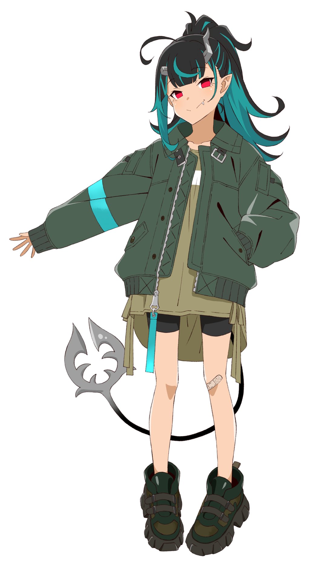 1girl akitetsu alternate_hairstyle bangs black_footwear black_hair black_shorts blue_hair brown_footwear brown_shirt closed_mouth demon_girl demon_horns demon_tail fang fang_out flat_chest full_body green_jacket hand_in_pocket high_ponytail highres horns jacket long_hair long_sleeves looking_at_viewer multicolored_hair open_clothes open_jacket pointy_ears red_eyes shirt shishio_chris shoes shorts simple_background sleeves_past_wrists smile sneakers solo standing sugar_lyric tail tan two-tone_hair virtual_youtuber white_background zipper