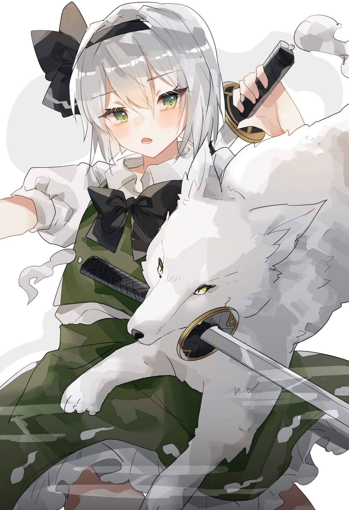 1girl bangs black_bow black_bowtie black_hairband bob_cut bow bowtie commentary_request cowboy_shot eyebrows_visible_through_hair eyelashes feet_out_of_frame frilled_skirt frills green_skirt green_vest hairband highres hitodama_print holding holding_sword holding_weapon konpaku_youmu konpaku_youmu_(ghost) looking_at_viewer lower_teeth mouth_hold open_mouth print_skirt puffy_short_sleeves puffy_sleeves scabbard sheath shiny shiny_hair shirt short_hair short_sleeves silver_hair simple_background skirt solo sorani_(kaeru0768) standing sword teeth thighs tongue touhou vest weapon white_background white_shirt wolf