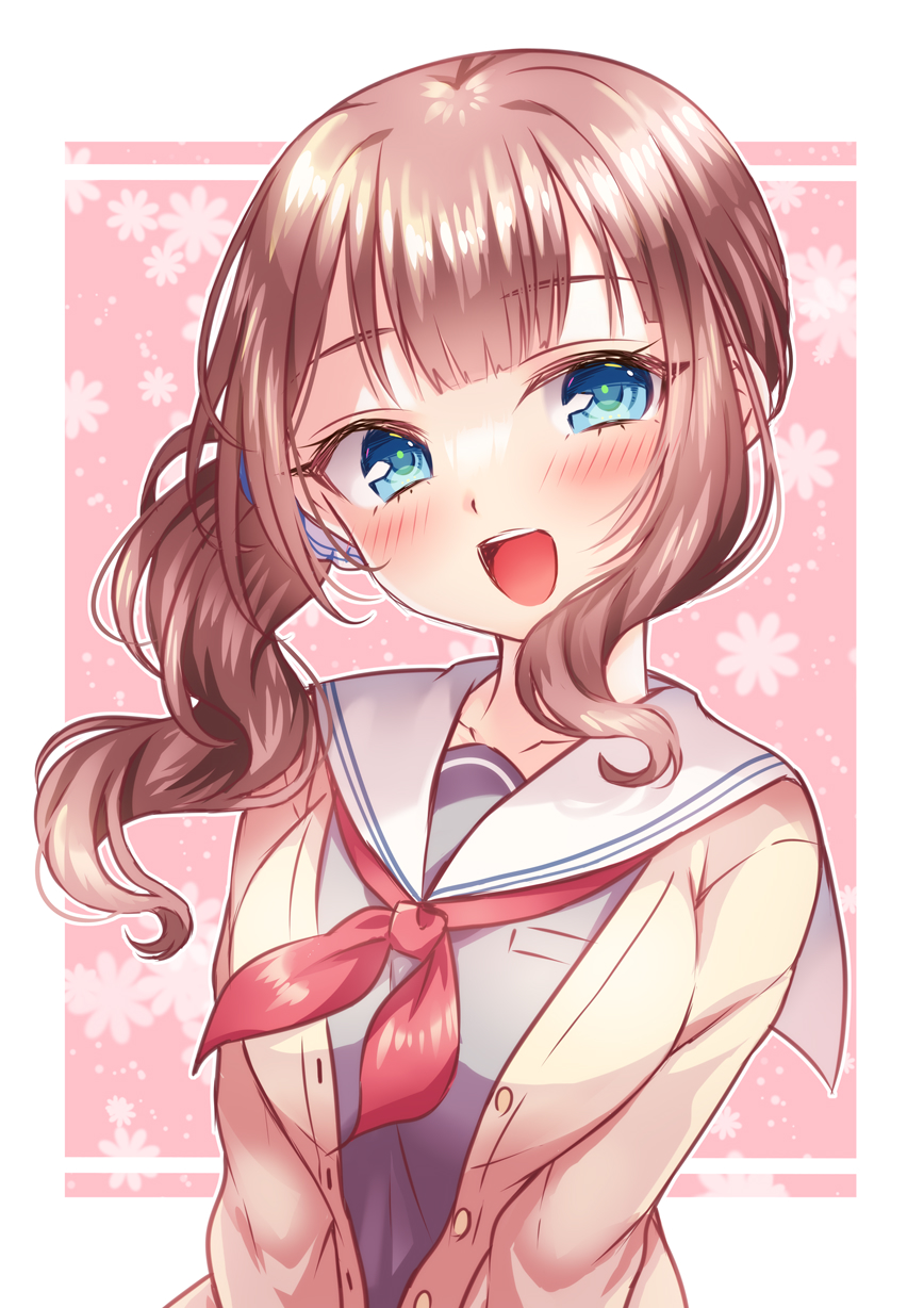 1girl :d bangs blue_eyes blush breasts brown_cardigan brown_hair cardigan commentary_request eyebrows_visible_through_hair floral_background grey_shirt head_tilt highres long_hair looking_at_viewer medium_breasts mochizuki_honami neckerchief open_cardigan open_clothes pink_background project_sekai red_neckerchief sailor_collar shirt side_ponytail sidelocks smile solo two-tone_background upper_body white_background white_sailor_collar yomogi_(becr)