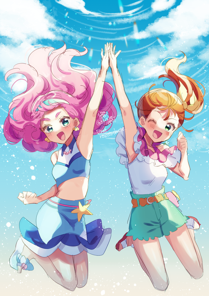 2girls aqua_blouse aqua_hairband blouse blue_skirt blush breasts brown_hair clouds cloudy_sky crop_top doroshii earrings eyebrows frilled_blouse frills green_eyes green_shorts hairband jewelry jumping laura_la_mer midriff multicolored_blouse multiple_girls natsuumi_manatsu navel open_mouth pink_hair precure sandals shorts skirt sky small_breasts smile tropical-rouge!_precure water white_blouse