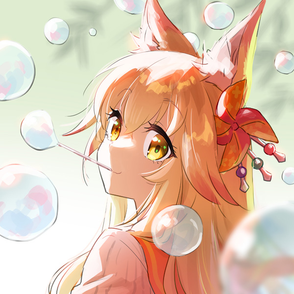 1girl animal_ear_fluff animal_ears bangs blonde_hair blouse bubble_blowing eyebrows_visible_through_hair fox_ears fox_girl from_behind hair_between_eyes hair_ornament hair_over_shoulder hisana long_hair looking_at_viewer looking_back original portrait shiny shiny_hair solo white_blouse yellow_eyes