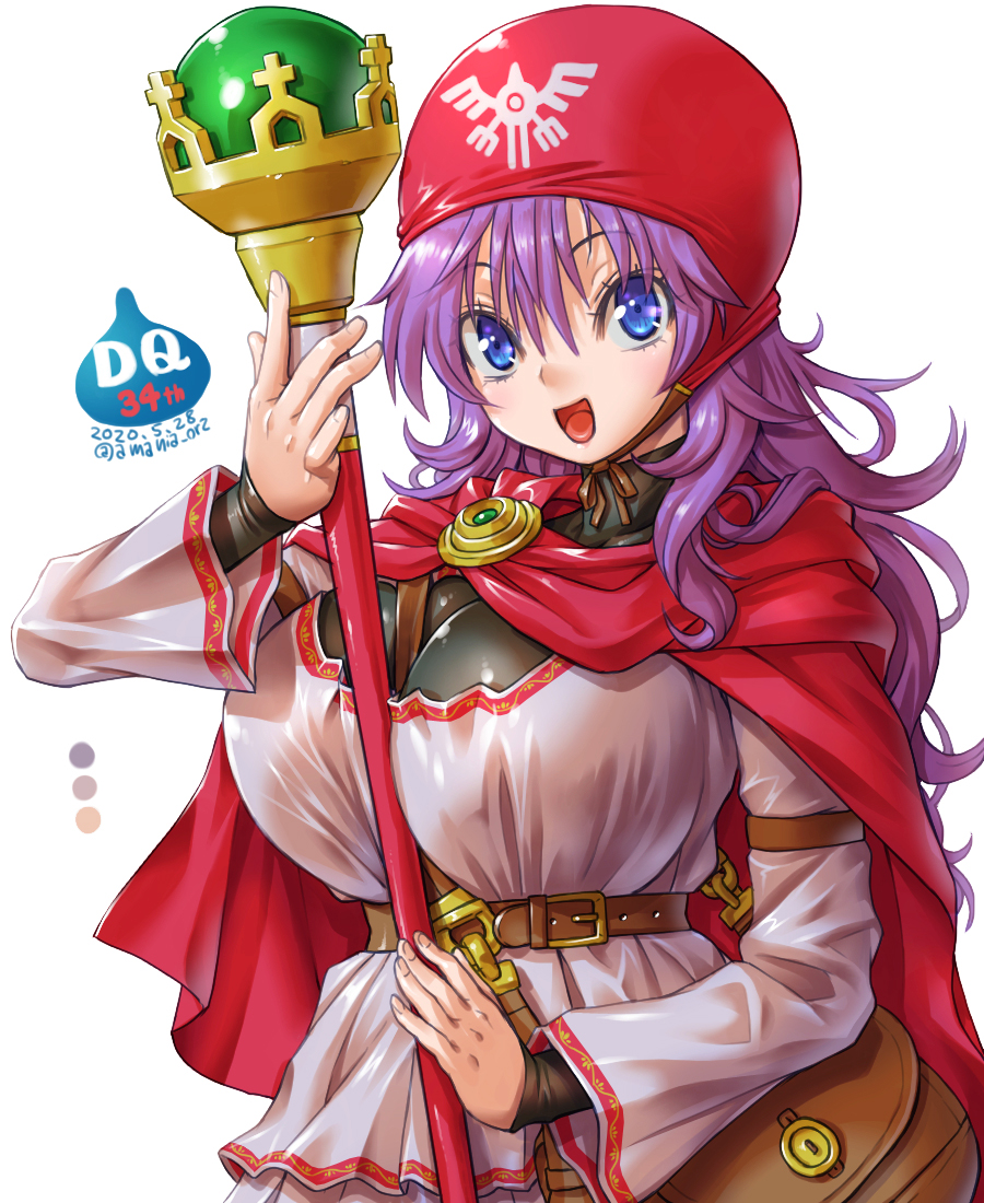 1girl amania_orz bag bangs belt blue_eyes breasts brown_bag brown_belt cape dated dragon_quest dragon_quest_ii hand_up large_breasts long_hair long_sleeves looking_at_viewer open_mouth princess_of_moonbrook purple_hair red_cape red_headwear shoulder_bag simple_background smile solo staff twitter_username white_background