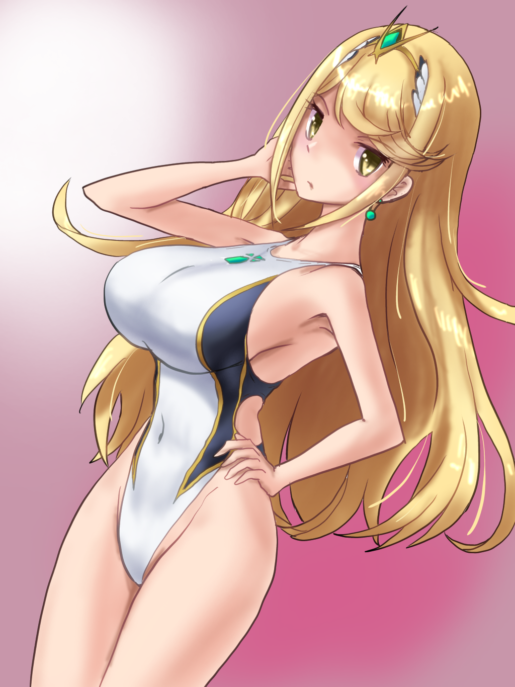 1girl ankake_hitokaji blonde_hair breasts competition_swimsuit cowboy_shot hair_tucking hand_on_hip highleg highleg_swimsuit highres large_breasts long_hair mythra_(xenoblade) one-piece_swimsuit pink_background solo swimsuit tiara white_swimsuit xenoblade_chronicles_(series) xenoblade_chronicles_2 yellow_eyes