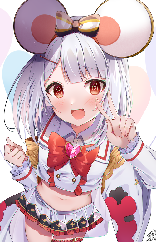 1girl @_@ animal_ears artist_logo bangs blush bow bowtie center_frills collared_shirt cowboy_shot crop_top fake_animal_ears frills granblue_fantasy hair_ornament hairclip hand_up heart_brooch long_sleeves looking_at_viewer medium_hair midriff miniskirt mouse_ears navel omuretsu open_mouth pleated_skirt red_bow red_eyes shirt skirt solo sweat v vikala_(granblue_fantasy) white_background white_shirt white_skirt