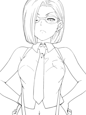 1girl android_18 breasts closed_mouth dragon_ball dragon_ball_z earrings glasses hairu jewelry looking_at_viewer lowres monochrome navel necktie short_hair simple_background solo suspenders white_background