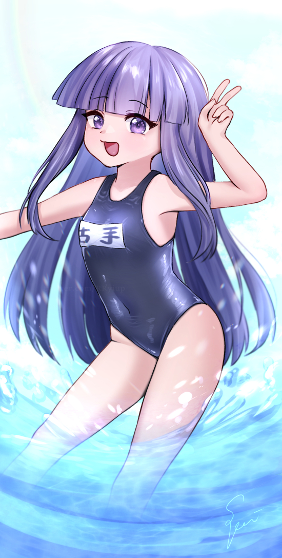1girl bangs black_swimsuit blunt_bangs breasts covered_navel feet_out_of_frame furude_rika higurashi_no_naku_koro_ni hime_cut long_hair looking_at_viewer name_tag purple_hair rryiup school_swimsuit shiny shiny_clothes small_breasts smile solo swimsuit v violet_eyes