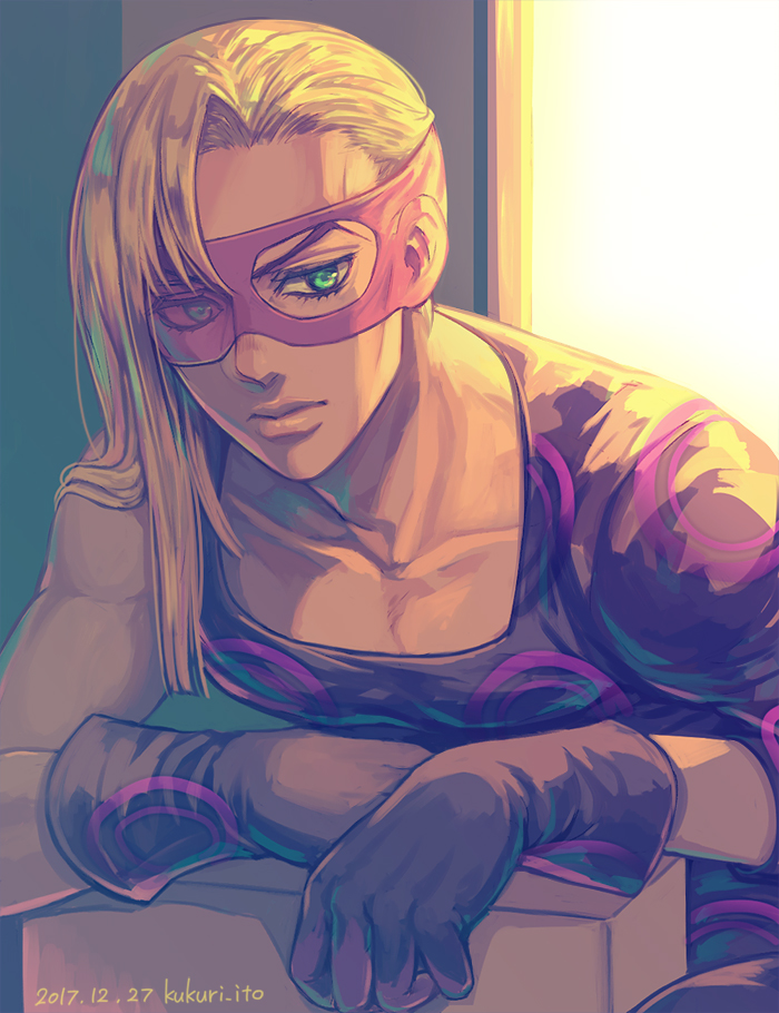 1boy asymmetrical_hair blonde_hair clothing_cutout domino_mask dyresbroom green_eyes jojo_no_kimyou_na_bouken long_hair male_focus mask melone single_bare_shoulder solo vento_aureo