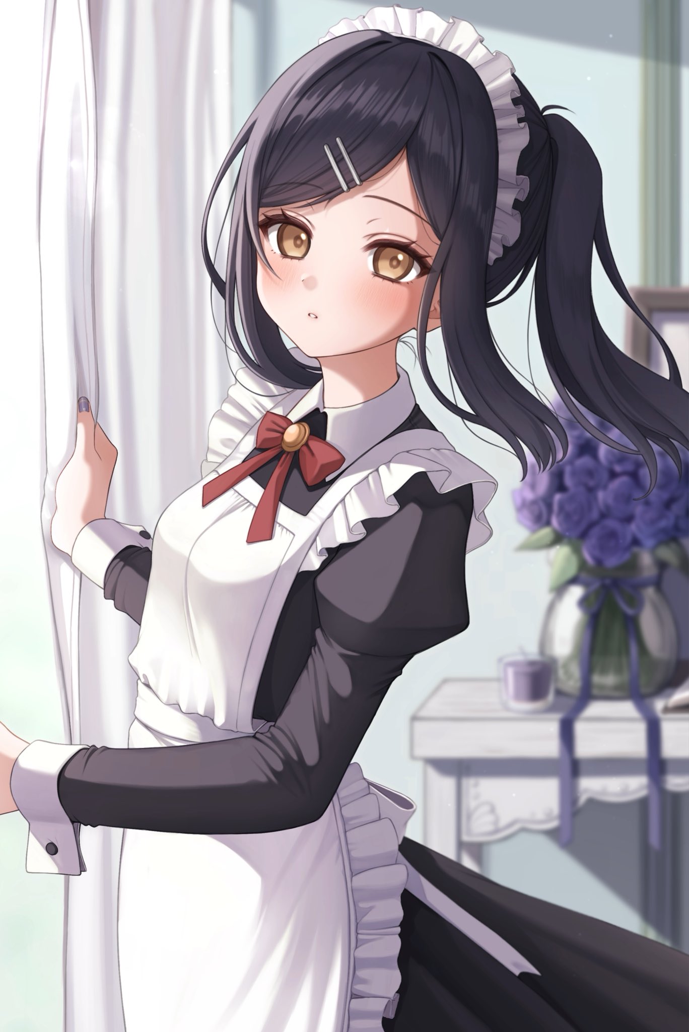 1girl apron bad_id bad_twitter_id black_dress black_hair blush brooch brown_eyes candle curtains dress fate/kaleid_liner_prisma_illya fate_(series) flower flower_pot frilled_apron frills hair_ornament hairclip highres indoors jewelry juliet_sleeves light long_hair long_sleeves looking_at_viewer maid maid_apron maid_headdress miyu_edelfelt neck_ribbon parted_lips ponytail puffy_sleeves red_ribbon ribbon sidelocks solo sunlight table takio_(kani_sama) upper_body white_apron wrist_cuffs