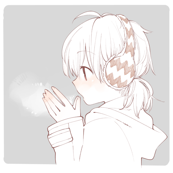 1girl ahoge bangs blowing border breath cold earmuffs eyebrows_visible_through_hair from_side grey_background hands_up hood hood_down long_sleeves looking_away low_twintails nakatani_nio official_art parted_lips profile rounded_corners short_twintails simple_background solo spot_color tareme transparent_border twintails upper_body winter yagate_kimi_ni_naru