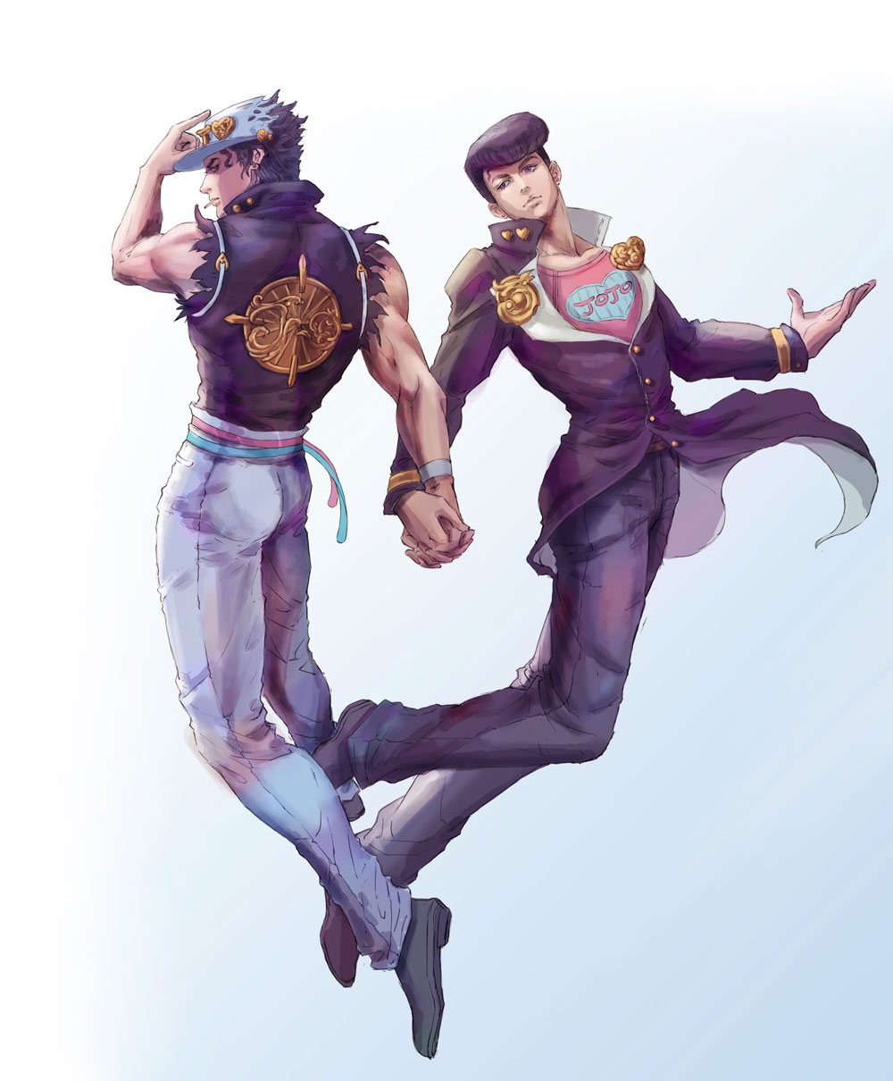 2boys 617247500 adapted_costume adjusting_clothes adjusting_headwear black_hair diamond_wa_kudakenai gakuran heart_on_chest higashikata_josuke highres holding_hands jojo_no_kimyou_na_bouken kujo_jotaro male_focus multiple_boys no_coat no_jacket pants peace_symbol pompadour purple_hair school_uniform shirt tank_top torn_clothes torn_shirt violet_eyes white_headwear white_pants