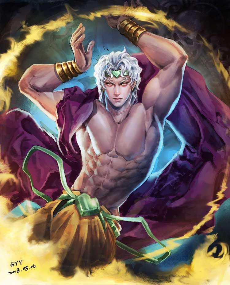1boy 617247500 abs alternate_hair_color bracelet cape_removed dio_brando earrings fire headband heart jewelry jojo_no_kimyou_na_bouken male_focus muscular muscular_male pants pectorals pose solo stardust_crusaders topless_male white_hair yellow_eyes yellow_pants
